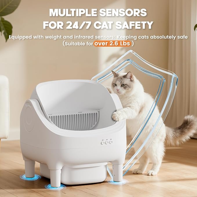 Greesum Self Cleaning Cat Litter Box – Automatic Open-Top Smart Litter Box with App Control, 15L Odor-Sealed Waste Bin, Ultra Quiet 35dB, Multi-Cat & Large Cat Compatible, with Trash Bags & Mat