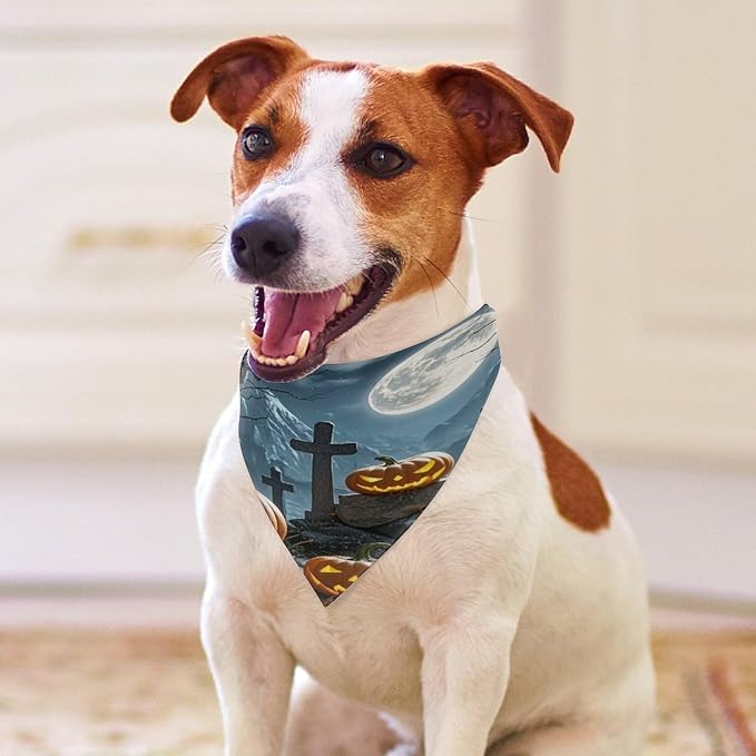 Dog Bandana Spring Pet Scarf Adjustable Triangle Cemetery Pumpkin Lantern Printing Dog Bib Washable Polyester Puppy Bandana for Small Medium Large Dogs Cat Birthday Party Supplies