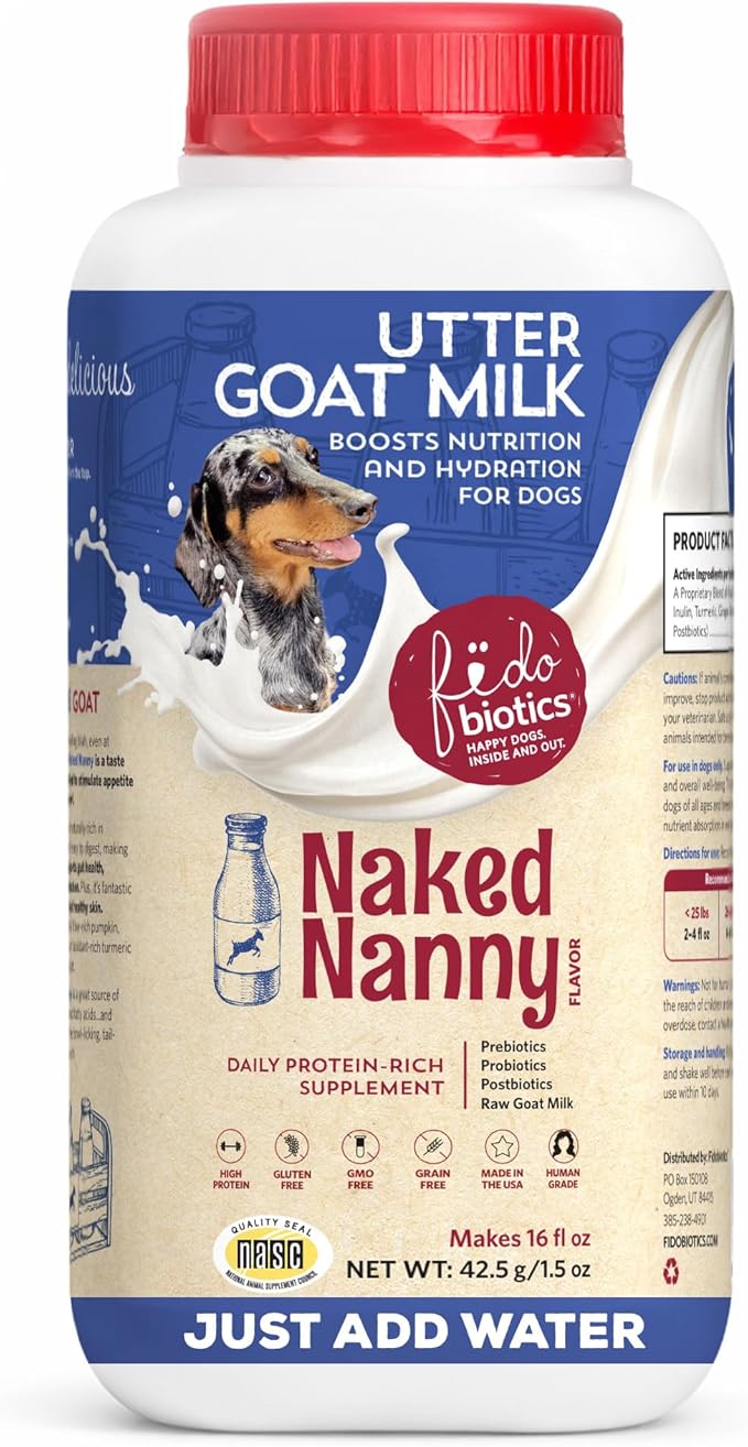 Fidobiotics Goat Milk Powder for Dogs, Mix and Serve Nutrition and Hydration Support with Prebiotics, Probiotics, & Postbiotics, Naked Nanny Flavor, 16oz