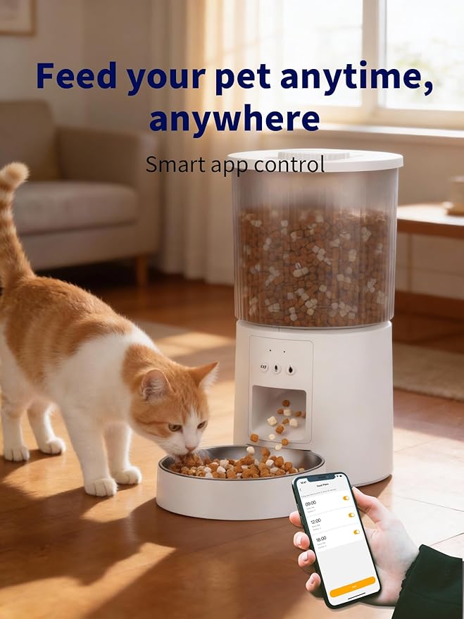 Automatic Cat Feeder, 2.4GHz WiFi Automatic Dog Food Dispenser, Fresh Protection, 4L Timer Feeder, Personalized Recording 10 Seconds, Easy to Clean, Stainless Steel Bowl (Single/White)