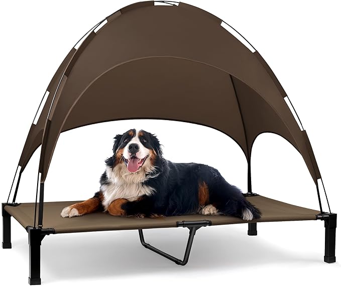 Heeyoo Elevated Dog Bed with Canopy, Portable Dog Cot with Removable Shade Tent, Outdoor Raised Pet Cot Cooling Bed for Dogs