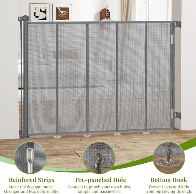47" Extra Tall Retractable Baby Gates, Extends to 59" Wide, ExtraTall Retractable Safety Gate with Reinforced Strips, Retractable Tall Dog Gates for Doorways Mesh Baby Pet Gates Indoor, Grey