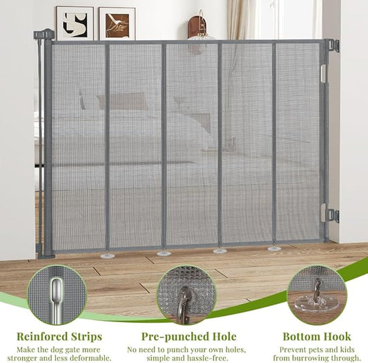 47" Extra Tall Retractable Baby Gates, Extends to 59" Wide, ExtraTall Retractable Safety Gate with Reinforced Strips, Retractable Tall Dog Gates for Doorways Mesh Baby Pet Gates Indoor, Grey