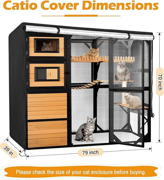 Catio Cover,79"L x 39"W x 70"H Cover for Catio Outdoor Cat Enclosure Waterproof, 420D Cat Cage Covers for FunXplore Large Cats Catios, Outdoor Cats Enclosure Covers(Black)(Catios Not Included)