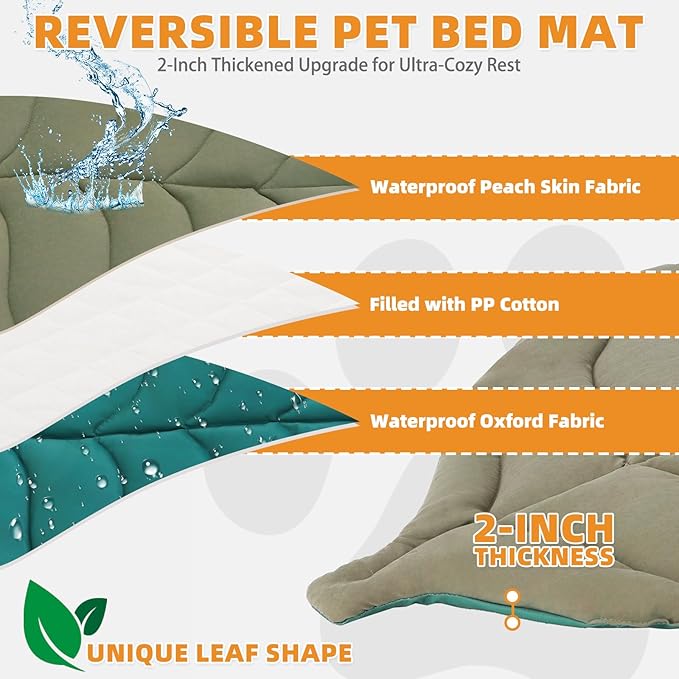 Outdoor Dog Travel Bed, Waterproof Reversible Leaf Mat for Small Medium Dogs Cats Camping, Road Trip, Portable Durable Pet Bed with Carry Bag, Washable Foldable Puppy Mat Indoor, 26x43in