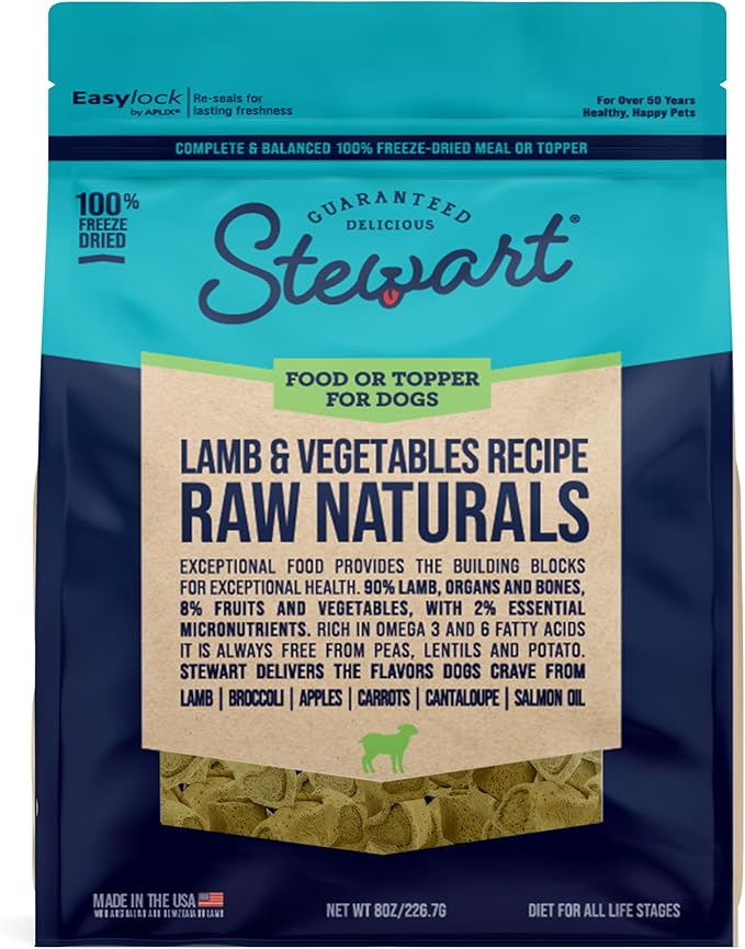 Stewart Raw Naturals Freeze Dried Raw Dog Food or Meal Topper, Lamb & Vegetables Recipe, 8 Ounce Bag, Complete and Balanced Nutrition