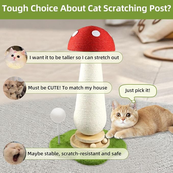 Mushroom Cat Scratching Post, Mushroom Cat Tree with Interactive Ball Track Spring Ball Cat Toys, Cute Cat Scratching Post for Indoor Kittens Adults, 100% Sisal Covered