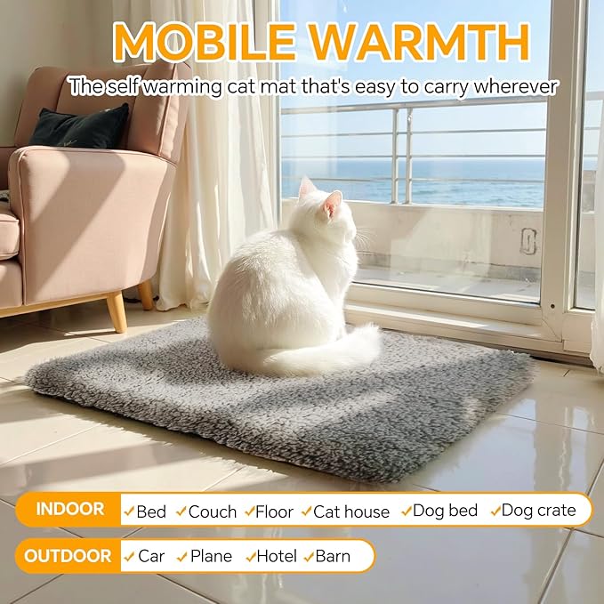 Self Warming Cat Bed Self Heating Cat & Dog Pad - Waterproof Heated Thermal Mat, Non-Slip, Washable for Senior Pets, Kittens, Dogs, Indoor/Outdoor Use, Non-Electric (Grey, 24" X 18")