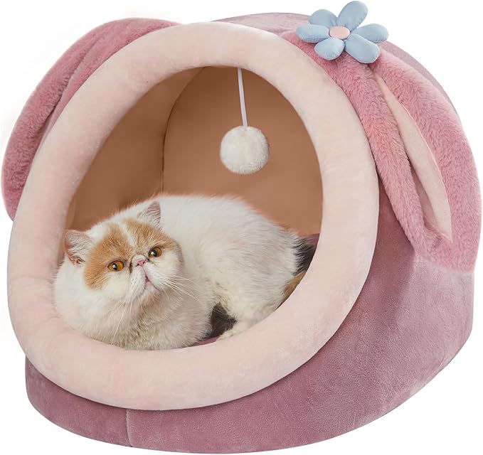 Jiupety Cute Cat Bed for Indoor Cats, Warm Soft Cave Fit for 11-17 lb Cats and 0-8 lb Dogs, Pink Rabbit, L