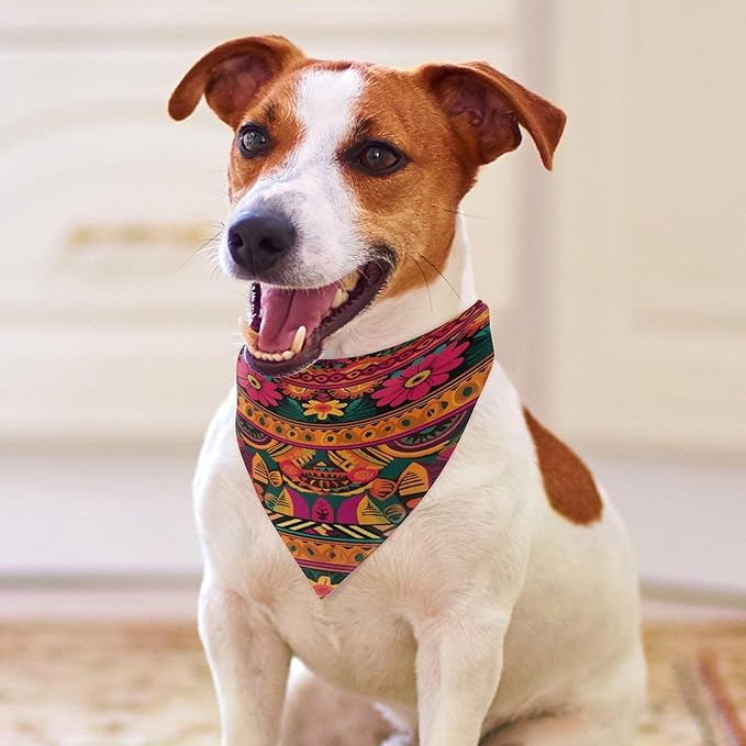Dog Bandana Spring Pet Scarf Adjustable Triangle Mexican Folk Art Boho Printing Dog Bib Washable Polyester Puppy Bandana for Small Medium Large Dogs Cat Birthday Party Supplies