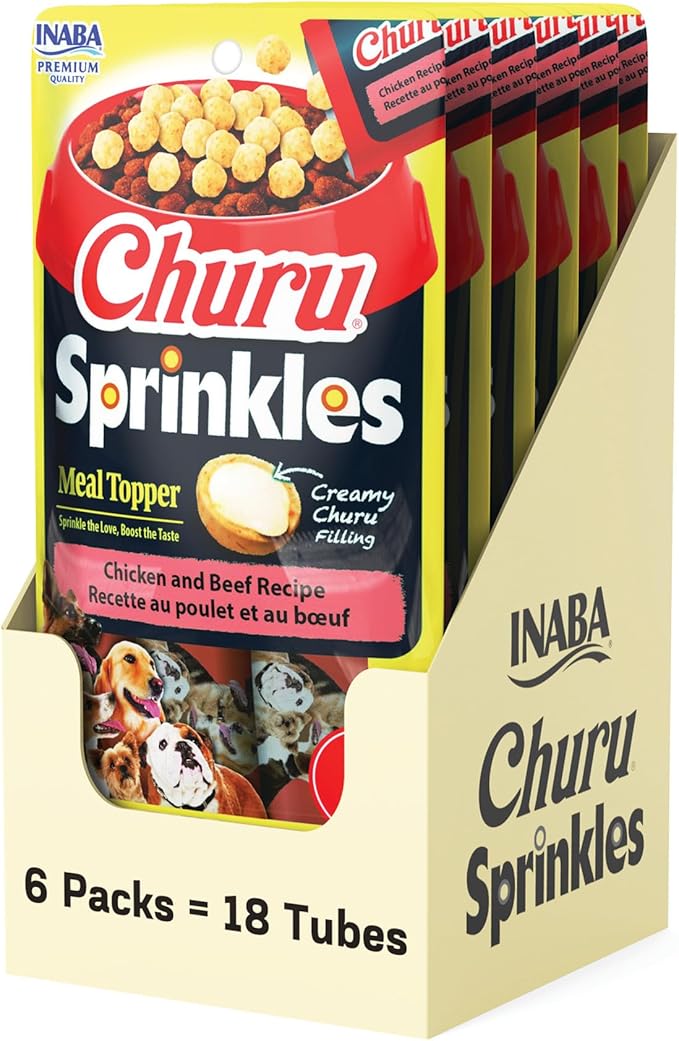 INABA Churu Sprinkles for Dog, Soft & Chewy Churu Filled Dog Meal Toppers with Vitamin E and Green Tea Extract, 1.05 oz. per Pack, 18 Packs Total, Chicken and Beef Recipe
