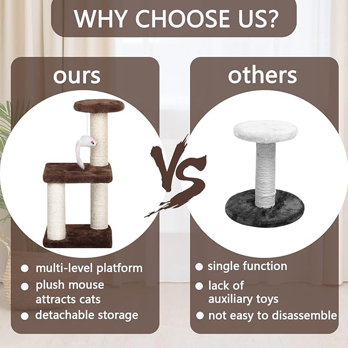 Small & Cozy Cat Tree - Sisal Scratching Post & Interactive Toys, Easy Assembly for Small Cats