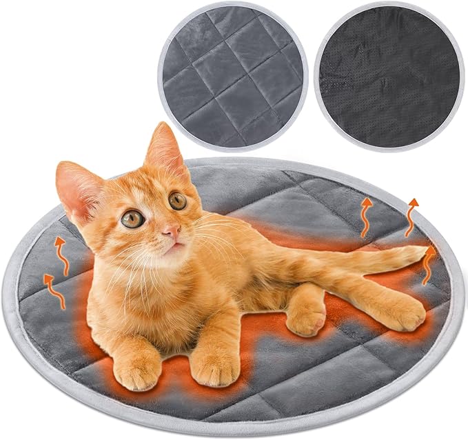 2 Pcs Self Warming Cat Mat Round Self Heating Pad Bed Reversible Machine Washable Heated Bed Anti Slip Warming Pad Pet Mat for Cat Crate Indoor Outdoor(Gray,14 Inch)
