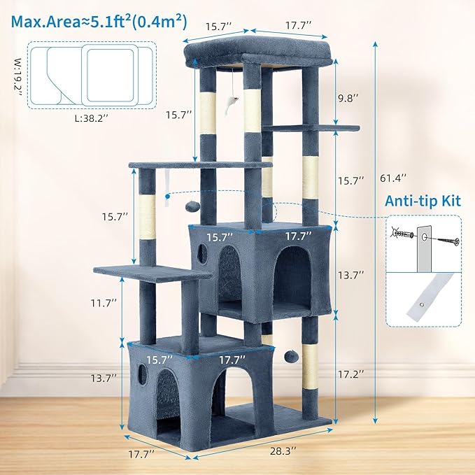 GarveeLife 61" Multi-Level Cat Tree for Indoor Cats, Heavy-Duty Tower for Large Adult & Maine Coon Cats with Oversized Perch, Dual Condos, Natural Sisal Scratching Posts & Play Toys – Light Blue