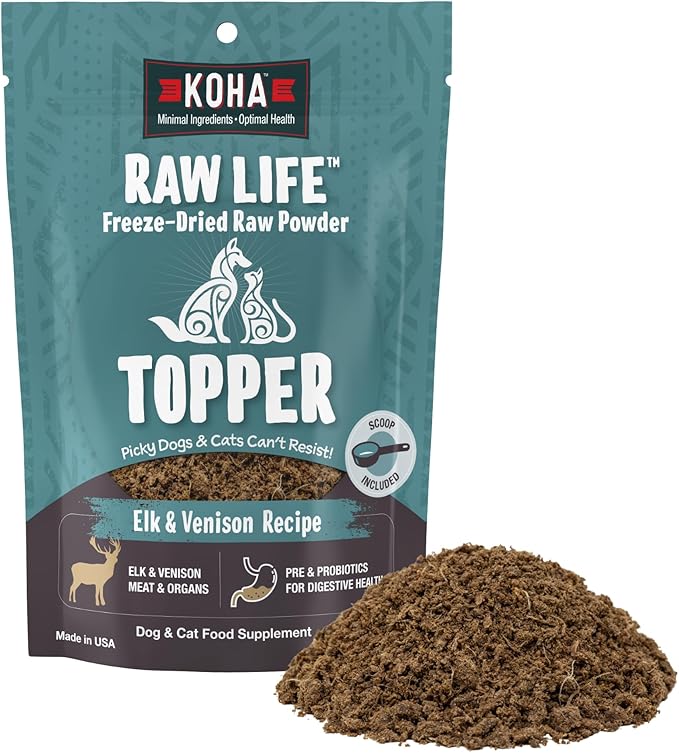 KOHA Raw Life Freeze-Dried Raw Topper Elk & Venison for Dogs and Cats, High Protein Meal Topper for Picky Eaters with Probiotics, 8oz Bag