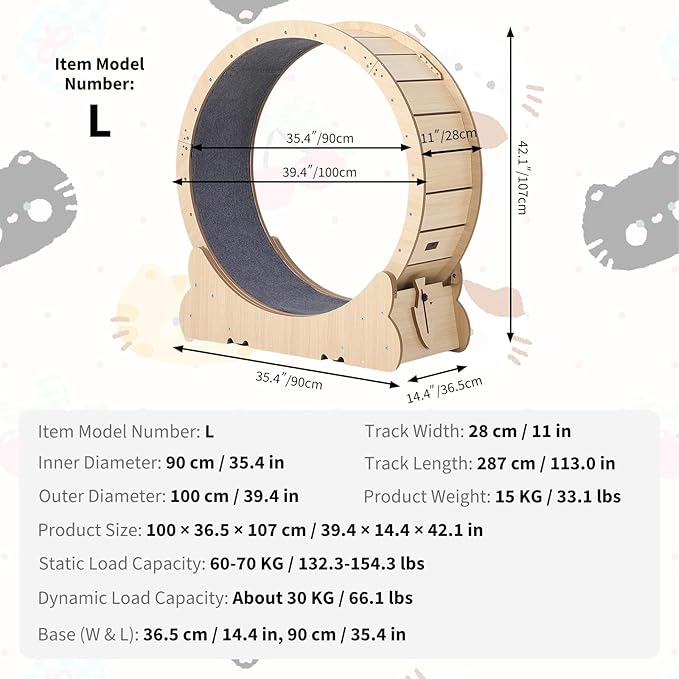 Cat Exercise Wheel for Indoor Cats, 39.4" Cat Running Wheels, Cats Treadmill Wheel with Locking Mechanism & Detachable Carpet, Ideal for Most Pets Weight Loss and Health