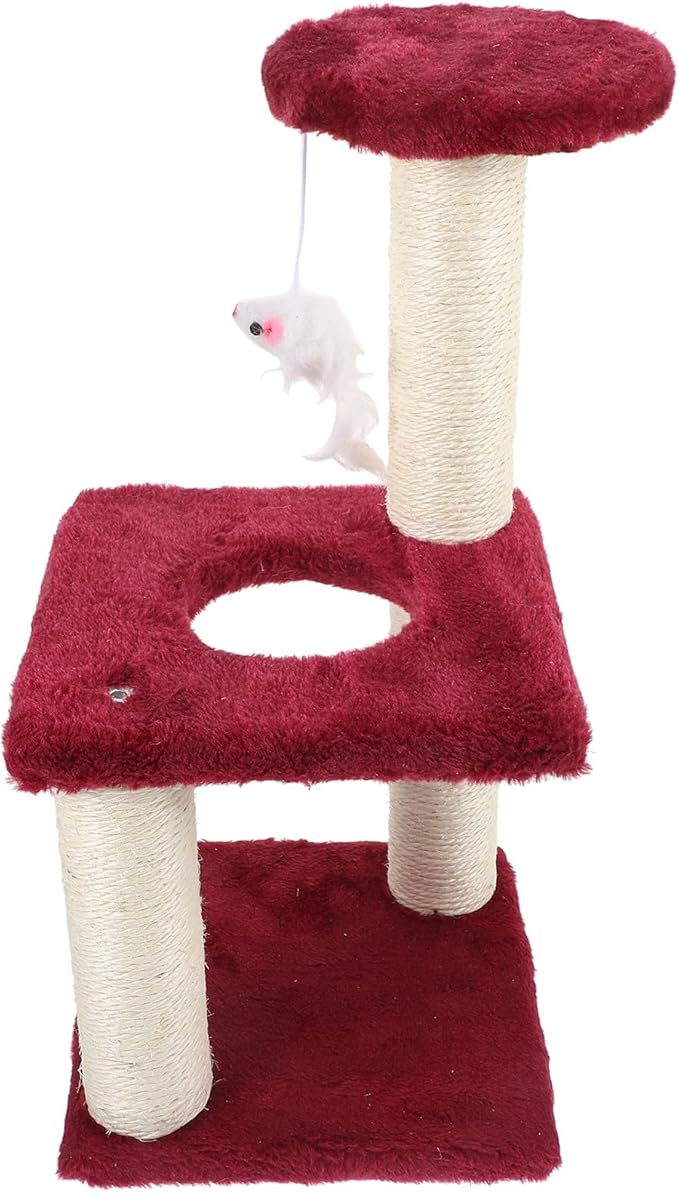 Multi-Layer Vertical Cat Scratching Post with Sisal Rope 3-Tier Burgundy Cat Climbing Tower and Mouse Sturdy Reusable Kitten Accessory and Resting Platform