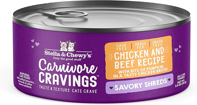 Stella & Chewy's Carnivore Cravings Savory Shreds - Wet Cat Food - High-Moisture Formula with Premium Cage-Free Chicken & Grass-Fed Beef - Perfect for Picky Eaters - 2.8 oz, 24 Count
