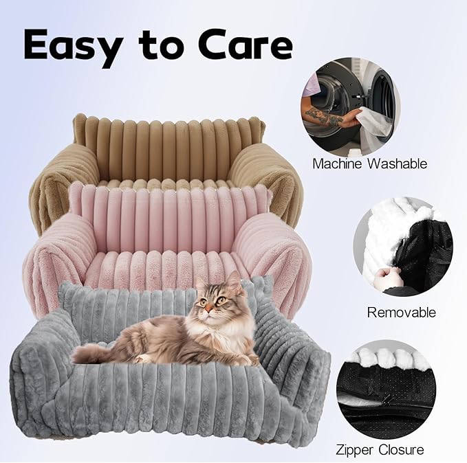 Cat Couch for Pets - Cute Cat Beds for Indoor Cats with Removable Cover, Washable Soft Corduroy Plush, Fluffy Supportive Pet Sofa Chair for Dog, 36 inch, Brown L