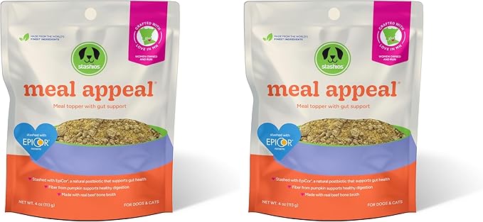 Stashios: Meal Appeal: Gut Support Food Topper - Beef 4 Oz - Dogs & Cats, Slow Baked Powder, Enhance Food Flavor, Support Nutrition & Health (Pack of 2)