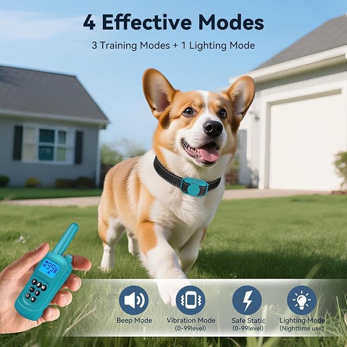 Shock Collar for Small Dogs，Tiniest and Lightest Dog Training Collar with 2000ft Remote，Tailored Small Dog Shock Collar 5-15 Pounds，Beep，Vibration and Safe Shock，0-99-Level Precise Adjustment，Cyan