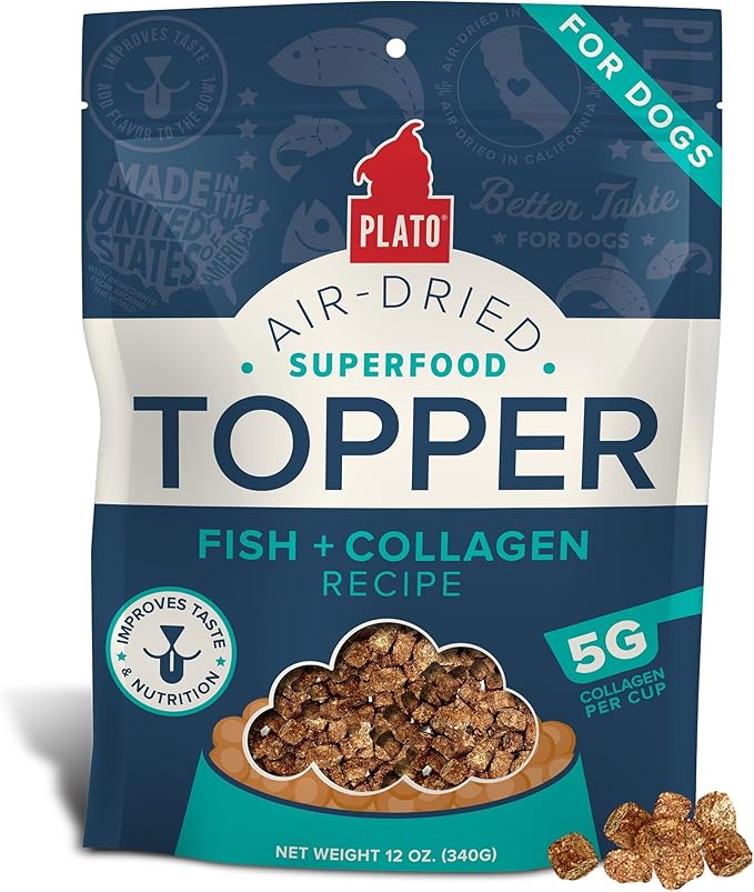Plato Pet Treats Dog Food Toppers - Air-Dried Dog Food Toppers for Dry Food - with Collagen to Support Skin and Coat Health - Fish and Collagen Recipe 12oz