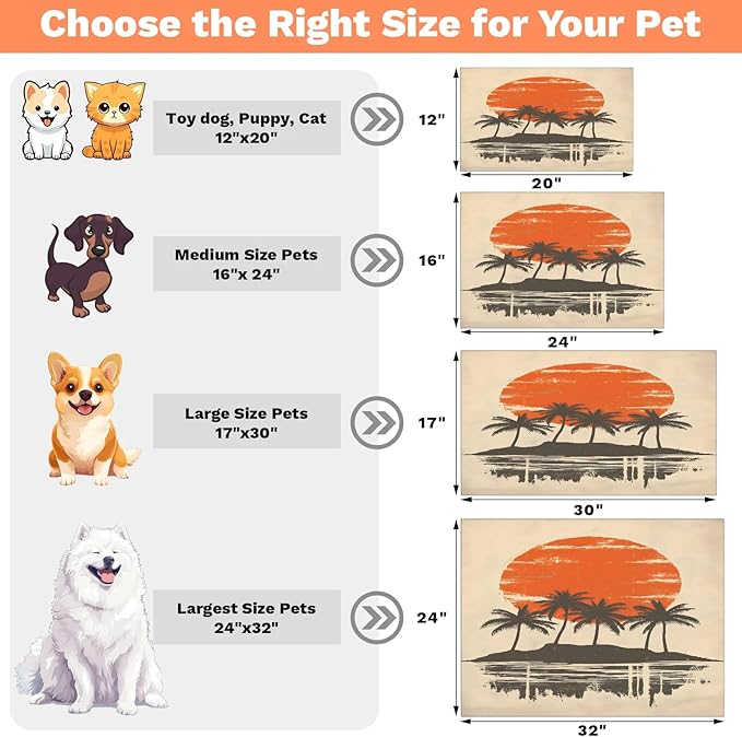Hawaiian Sunset Dog Food Mat for Floors Absorbent, Quick Dry Water Dispenser Mat for Food, Water, Pet Supplies 12" x 20", Palm Tree