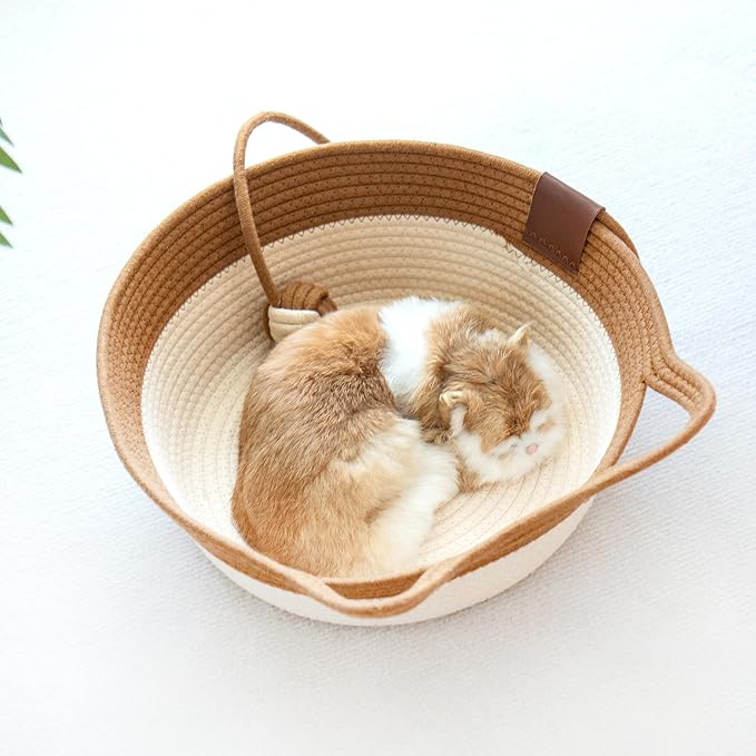 Cotton Rope Handwoven Pet Bed, Round Cat Nest,Pet Sleeping Bed with a Playing Rope Ball, Multifunctional Durable Pet Bed for All Seasons Home Indoor Cats Small Dogs Supplies(Brown & Light Pink ,S)