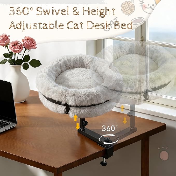 Cat Bed for Desk 360° Rotating, Cat Desk Bed with Adjustable Height, Removable Desk Mounted Kitty Bed with Soft Fur, Desktop Cat's Hammock Supports 33 lbs for Table Home Office Indoor