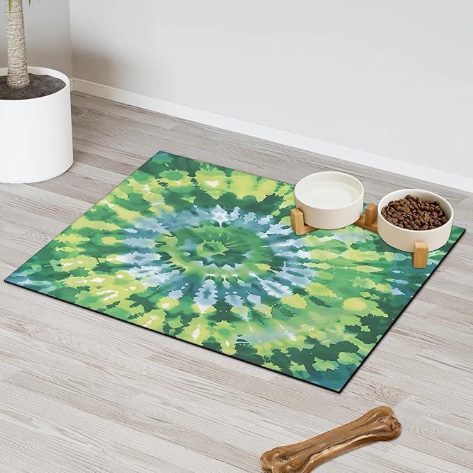 Tie Dye Dog Food Mat for Floors Absorbent, Quick Dry Water Dispenser Mat for Food, Water, Pet Supplies 16" x 24", Green Abstract