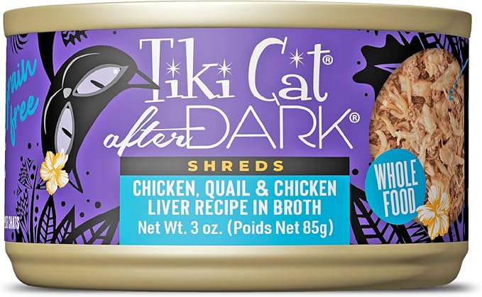 Tiki Cat After Dark Shreds Wet Cat Food, Chicken, Quail & Chicken Liver, 3 oz. Can (12 Count)