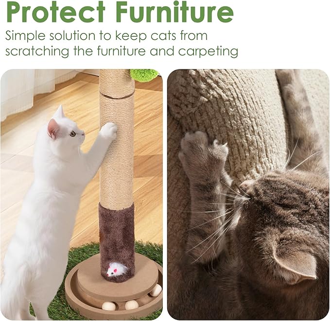 Cat Scratching Post, 35 Inch Tall Cat Scratcher Cat Tree Tower with Hanging Ball for Indoor Cats Adults,Snake Plant Sisal Rope Kitten Scratch with Interactive Mouse Cat Toy