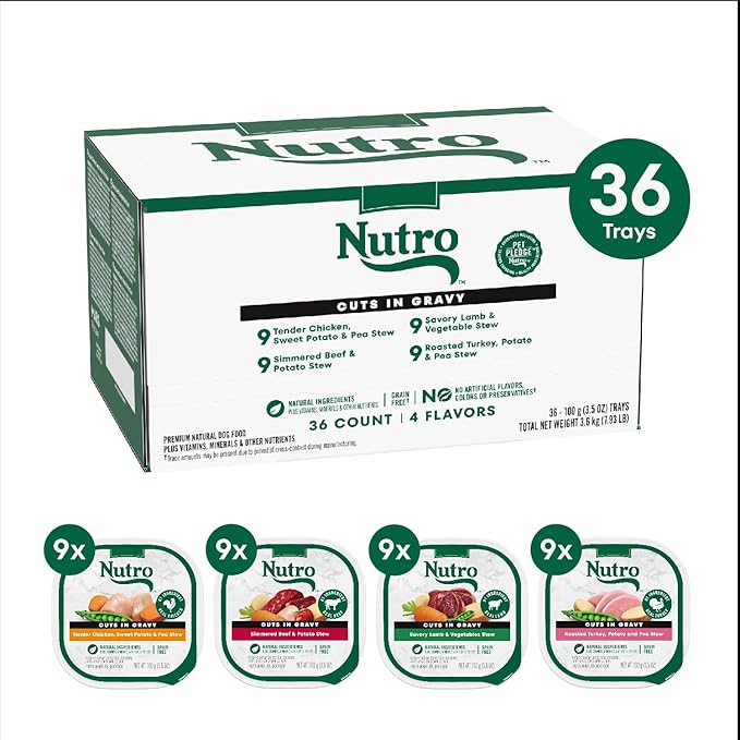 Nutro Natural Choice Cuts in Gravy Wet Dog Food, Grain Free Dog Food Wet Recipes, Beef, Lamb, Chicken, and Turkey Variety Pack, 3.5 oz. Trays (36 Count)