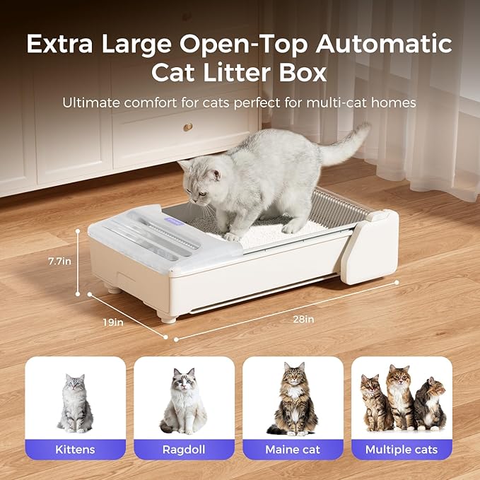 Open-Top Self Cleaning Litter Box, 2026 Upgraded Extra Large Automatic Cat Litter Box for Multiple Cats, Safety Sensors/App Control/Odor Control/Easy Clean - Includes 5 lbs Premium Cat Litter