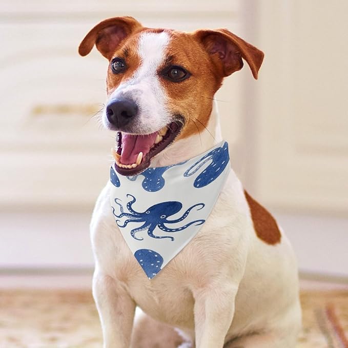 Dog Bandana Spring Pet Scarf Adjustable Triangle Blue Octopus Printing Dog Bib Washable Polyester Puppy Bandana for Small Medium Large Dogs Cat Birthday Party Supplies