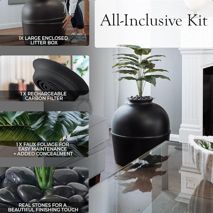 Secret Litter Box by Bundle & Bliss - Hidden Litter Box Enclosure, Patented Design with Odor Control, Includes Faux Plant, Carbon Filter and Real Stones (Matte Black)