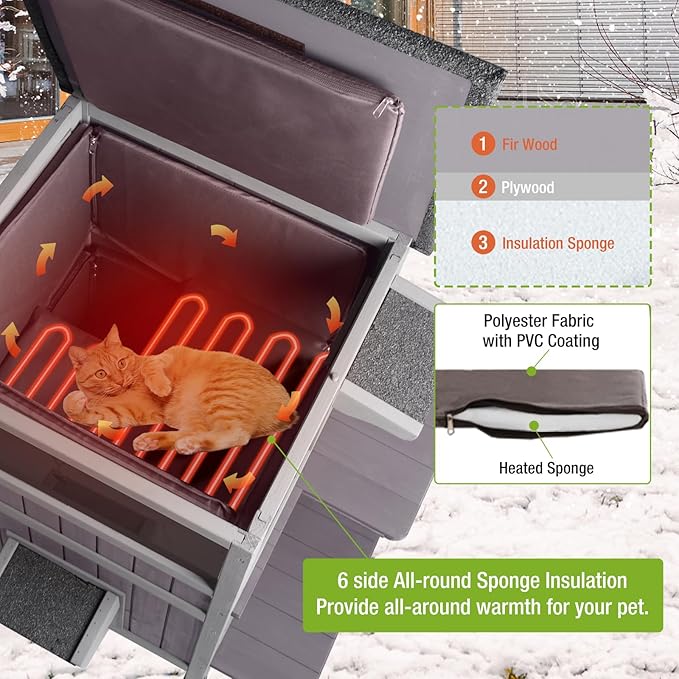 Heated Cat House Outdoor Insulated Cat Cage with Heating Pad for Winter, Feral Kitty Shelter Waterproof Roof,23" D x 44" W x 34.5" H
