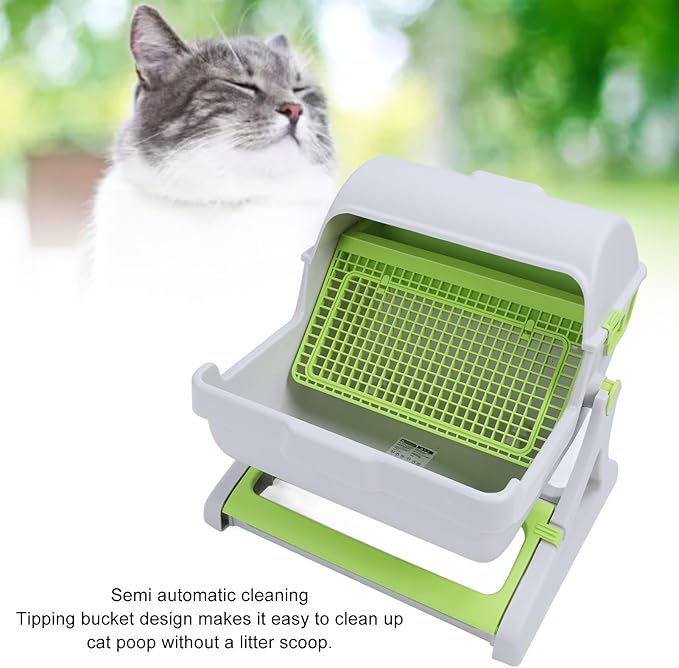 Self Cleaning Cat Litter Box Enclosure Semi Automatic, PP Plastic Easy Assembly Tipping Bucket Style Large Kitty Litter Box for Indoor Cats
