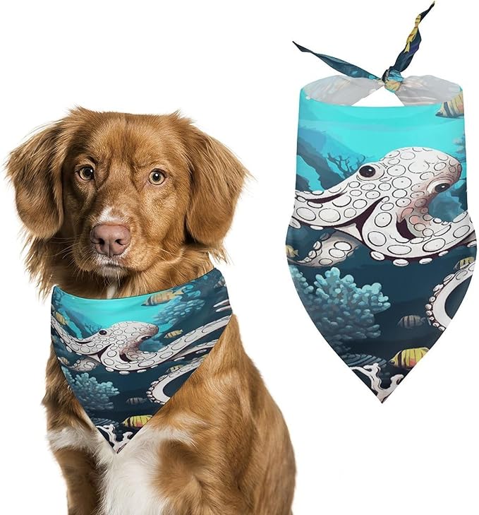 Dog Bandana Spring Pet Scarf Adjustable Triangle Marine Life Printing Dog Bib Washable Polyester Puppy Bandana for Small Medium Large Dogs Cat Birthday Party Supplies