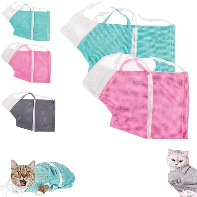 Multifunctional Cat Mesh Bathing Bag, Anti-Bite and Anti-Scratch with Zipper and Drawstrings, Adjustable Breathable Polyester Mesh Restraint for Bathing, Nail Trimming (Green+Pink)
