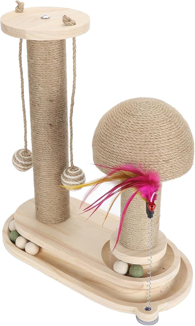 Cat Toy Cat Scratching Post 2 Layer Ball Track Kitten Scratcher Cat Toy, Sturdy Pine Hemp Cat Scratch Post Interactive Toy with Wood Ball, Suction Cup Base Cat Scratcher Toy