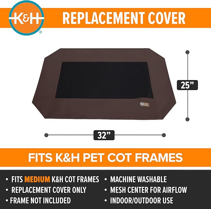 K&H Pet Products Dog Cot Replacement Cover, Designed to fit K&H Medium Pet Cots (Sold Separately), Indoor Outdoor, Breathable Cooling Mesh Center, Machine Washable - Medium 32 X 25in Chocolate
