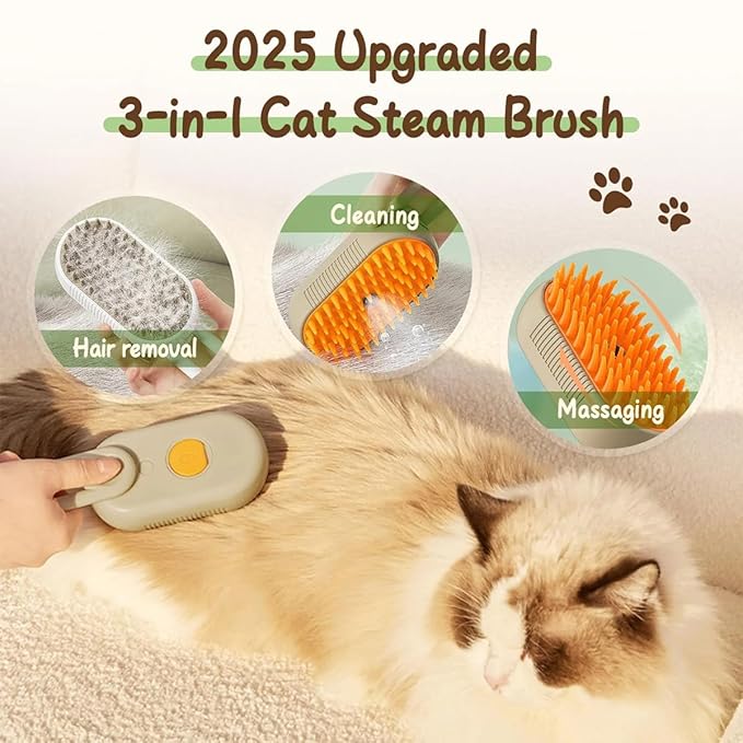 3 in 1 Cat Steam Brush for Shedding, Rechargeable Pet Brush with Steam, Anti-Static Steam Cat and Dog Hair Removal Brush, Set Massage Cleaning Pet Grooming Comb (White)