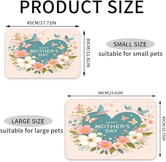Pet Cat Dog Food Mat Absorbent Dog Feeding Mat Happy Mother's Day Floral Gift Mom Bird No Stains Cat Food Mats Indoor Pet Dogs Placemat Water Bowl Mats with Rubber Backing 24x16In