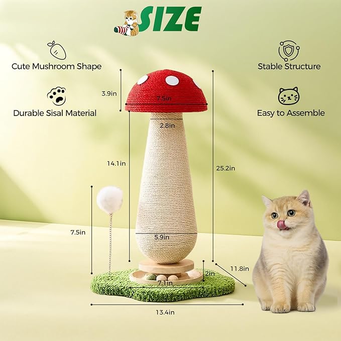 Sisal Mushroom Cat Scratchers Post Spring Ball Track,Scratcher for Indoor Adults Cats, Kitty Tree,Durable Toy,Kitten Tower with Durable Solid Wood,25.2''-Red