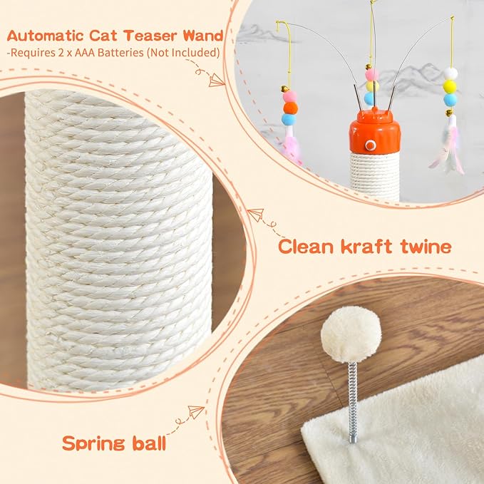 Cat Scratching Post ，33.4" Tall Automatic Teaser Wand Scratching Post with Sisal Rope，Interactive Automatic Rotating Hanging Balls Cat Toys for Indoor Cats