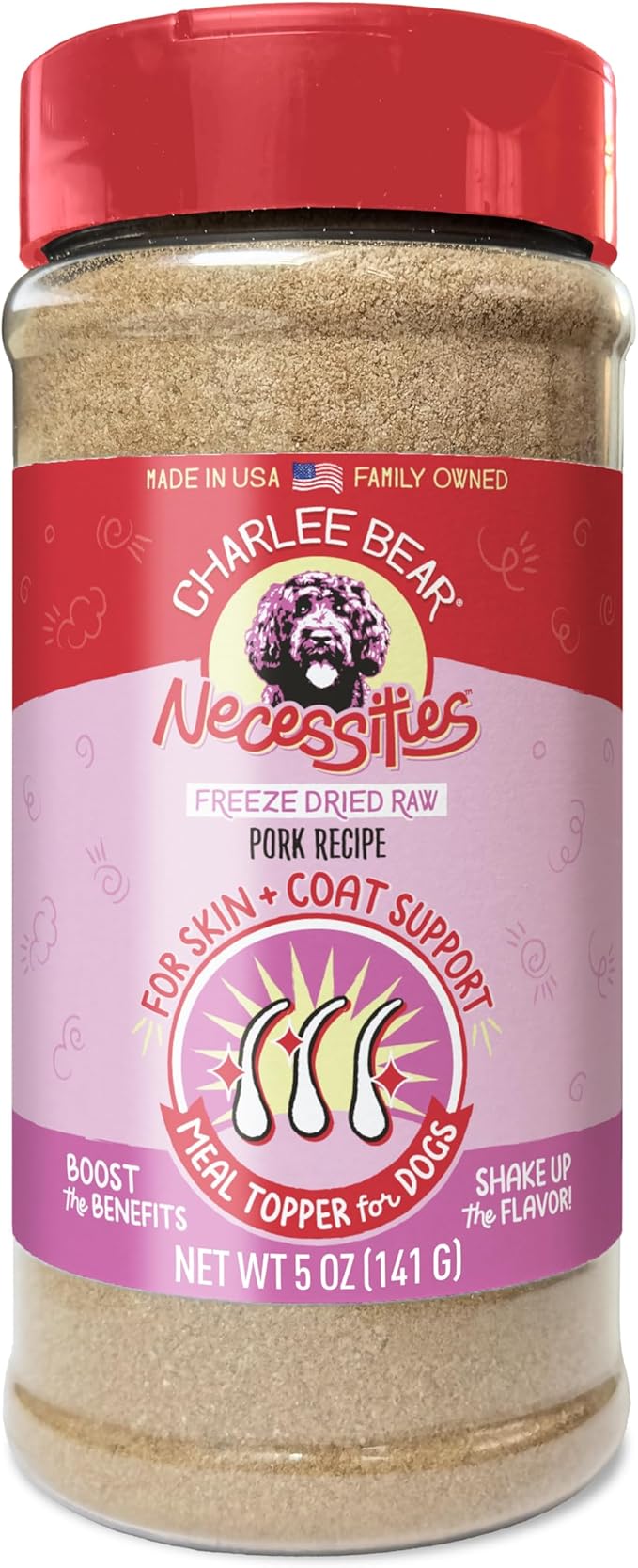 Charlee Bear Necessities Freeze Dried Dog Food Topper, Skin and Coat Support, Grain Free, High Protein, Limited Ingredient Meal Toppers for Dogs, Pork Recipe, 5 Ounce