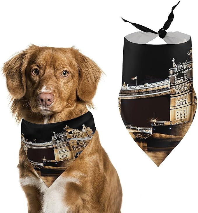 Dog Bandana Spring Pet Scarf Adjustable Triangle Night London Tower Bridge Printing Dog Bib Washable Polyester Puppy Bandana for Small Medium Large Dogs Cat Birthday Party Supplies