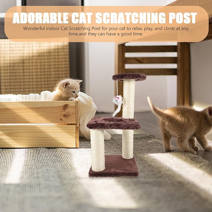 BESTonZON Decorative 3-Layer Sisal Cat Scratching Post with Hanging Mouse Vertical Wear-Resistant Cat Tree for Indoor and Kittens