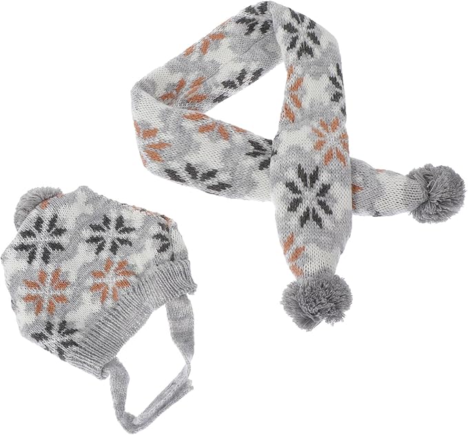 Happyyami Pet Dog Hat and Scarf Set Christmas Knitted Warm Snowflake Pattern Gray Scarf and Cap L Size for Holiday Pet Costume Supplies